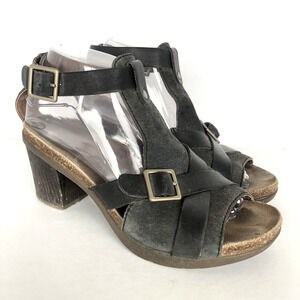 DANSKO Dominique T-Strap Suede Leather Heel Sandals Size EU 39 US 8.5-9 Black